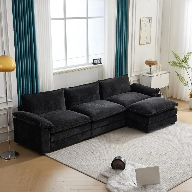 Sectional Sofa Modern Deep 3-Seat Sofa Couch with Ottoman, Chenille Sofa Sleeper Comfy Upholstered Furniture for Living Room