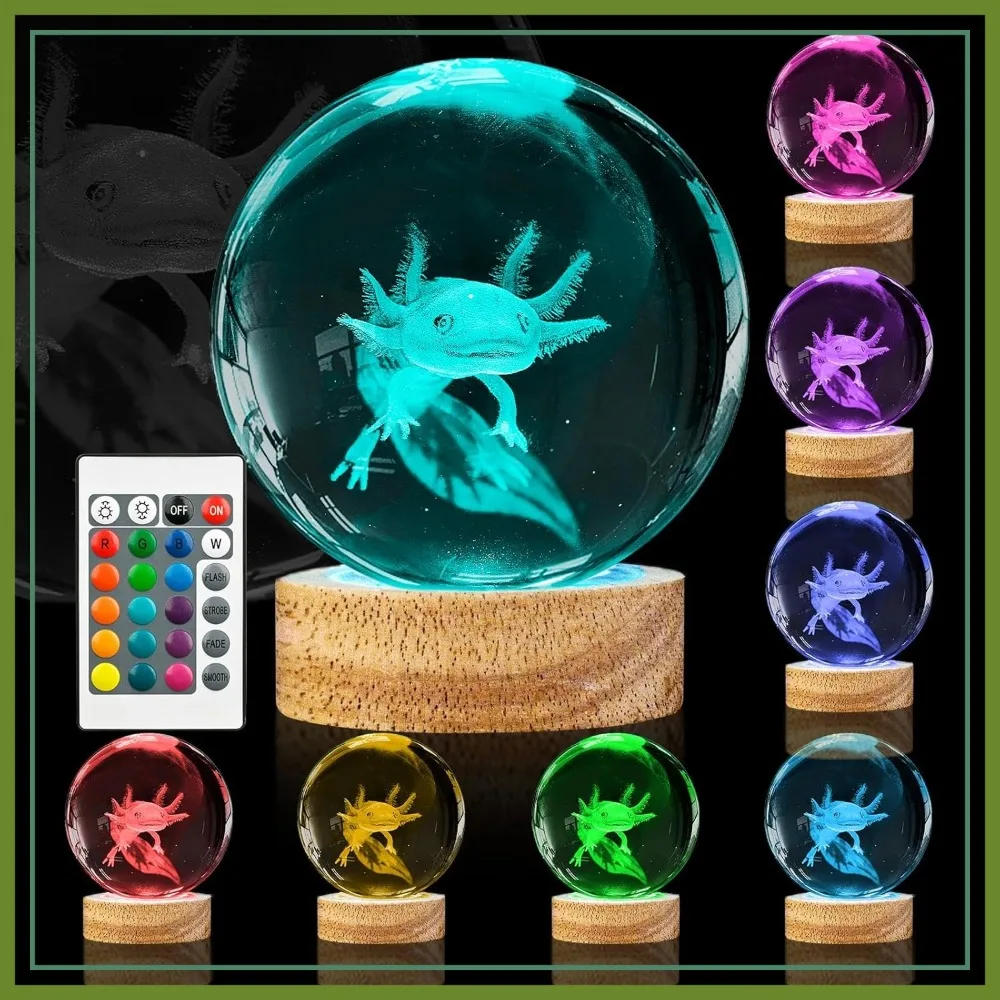 

3D Axolotl Crystal Ball Night Light 3.15 inch with 16 Color Changing Wooden Base and Remote for Birthday Christmas Room Decor