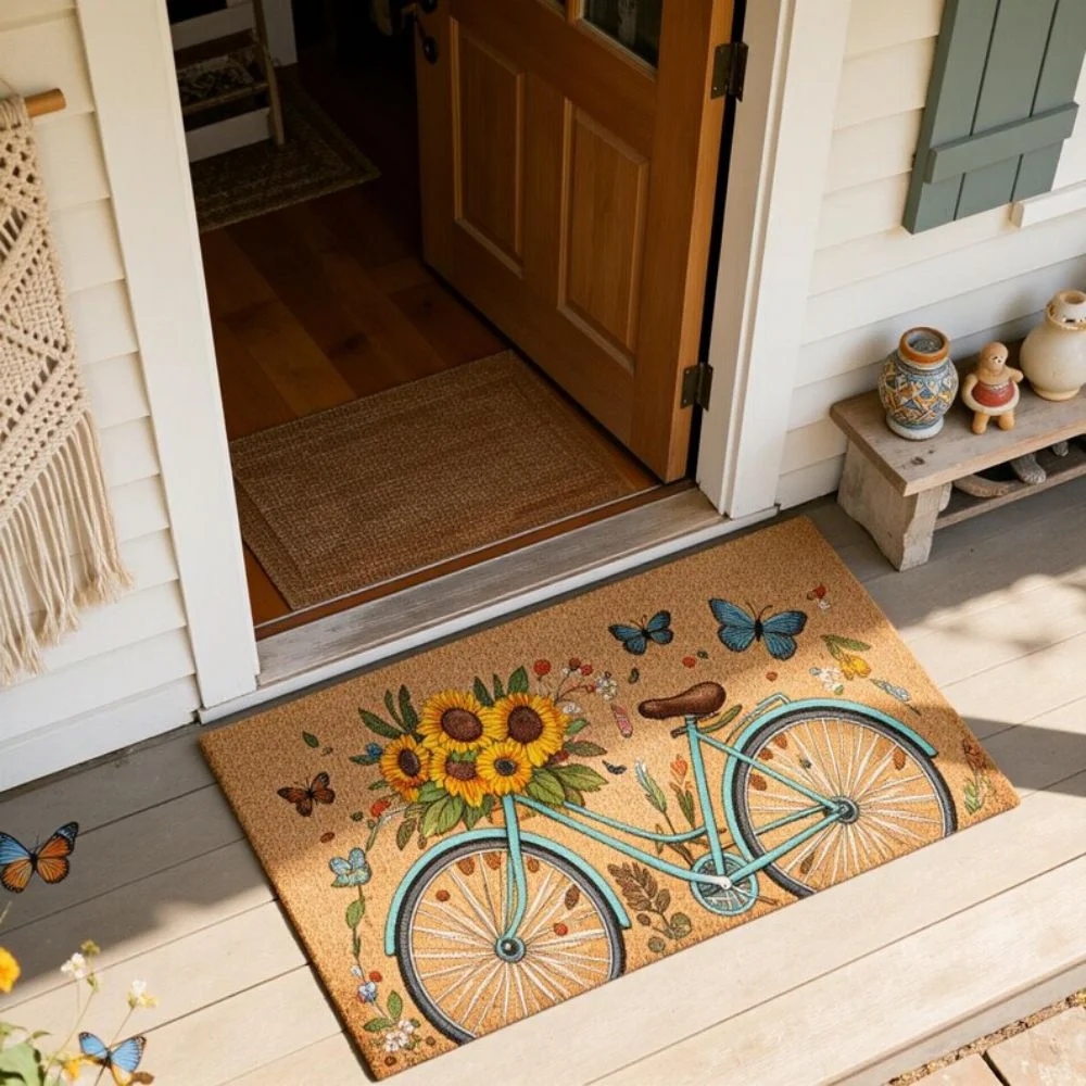 VIKAMA Sunflower Bicycle Butterfly Floral Spring Art Crystal Velvet Door Mat Non Slip Entryway Bedroom Living Room Home Decor
