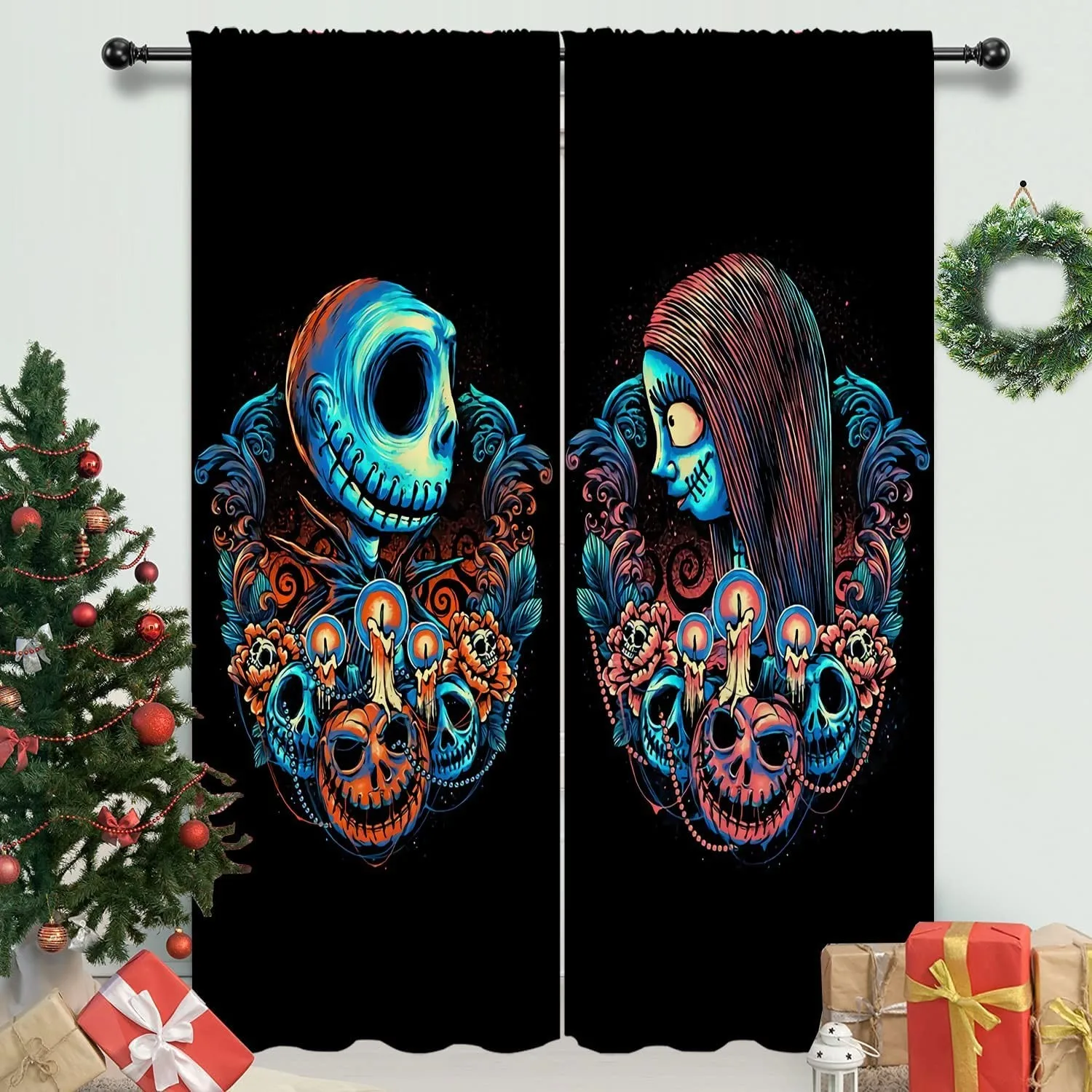 3D Cheap Nightmare Before Christmas Zombie Bride Jack 2 Pieces Thin Shading Window Curtain for Living Room Bedroom Decor Hook