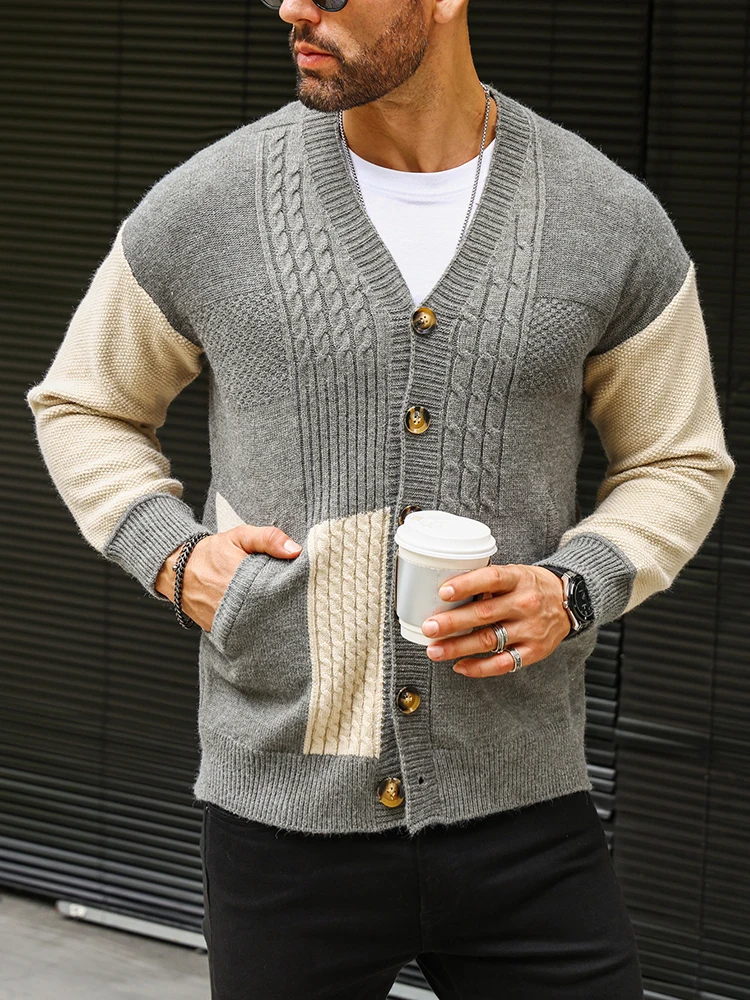 

Male Casual V-Neck Twisted Jumper Jacket 2024 Men's Patchwork Long Sleeve Sweater Coat Fashion Single Breasted Knitted Outwear