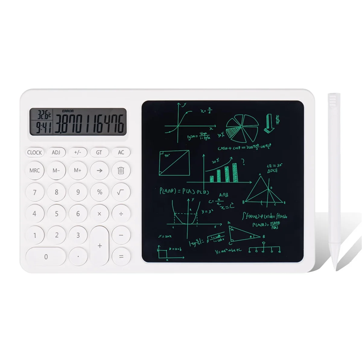 

Calculator with LCD Writing Tablet, 2-In-1 Desktop Standing Calculator with Electronic Calendar Time Temperatures