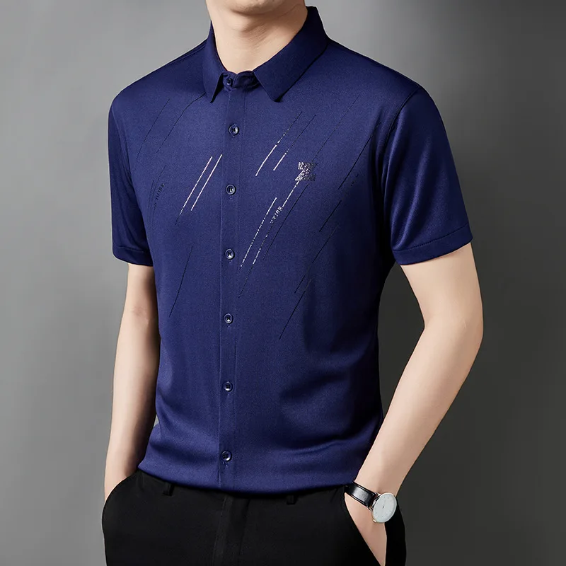2025 New Short Sleeve Mens Shirts Ice Silk Rayon Wrinkle Free Stretch Business Casual Solid Color Summer Men Dress Shirt