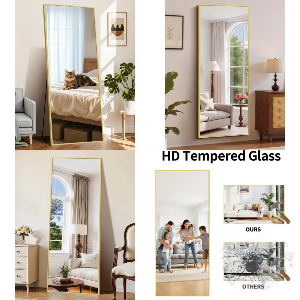 全身鏡 - アルミフレームの自立式ミラー、家庭用、大きな寝室やリビングルーム用ミラー、壁掛け可能