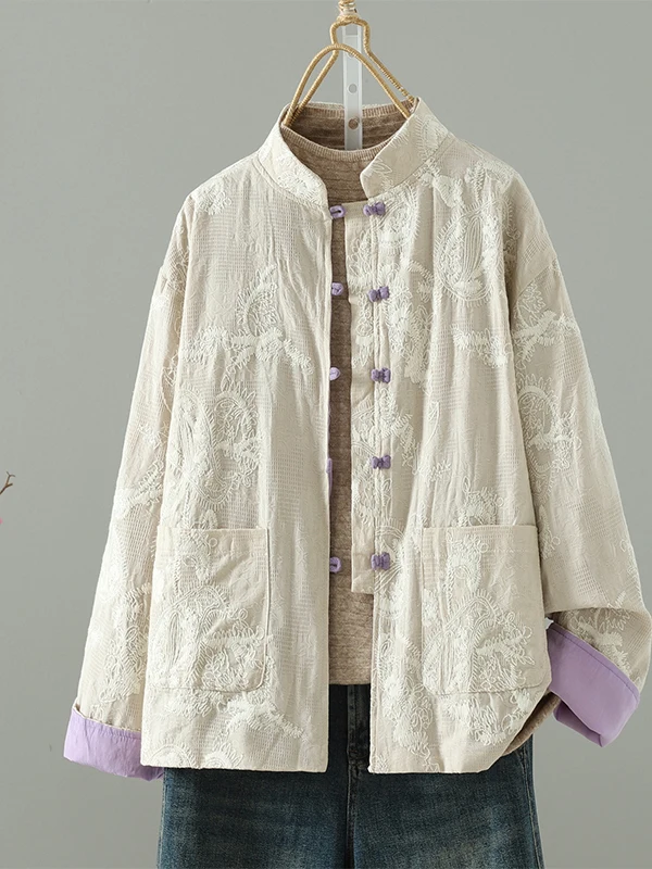 

Chinese Style Cotton Linen Washed Button Stand Collar Women's Spring Artistic Heavy Embroidery Open Cardigan Top