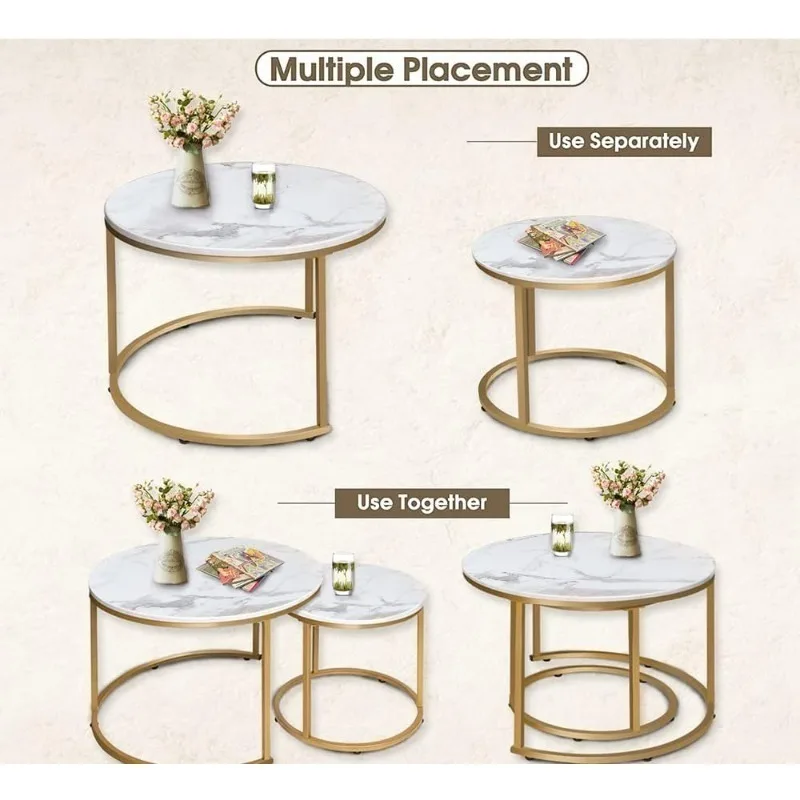 Luxury Gold Nesting Tables - Round White Marble Coffee Table Set for Modern Living Room, Stylish Accent Tables for Home Decor