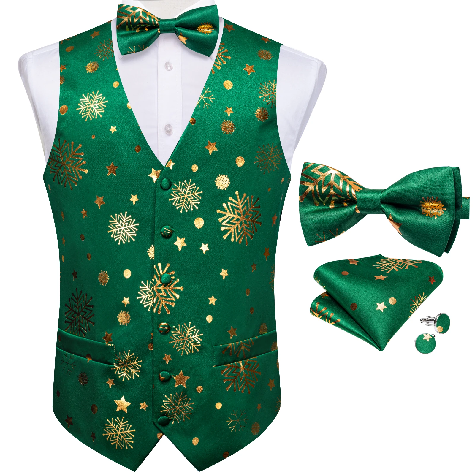 Green Christmas Men Vest Bowtie Pocket Square Cufflinks Set Printed Snowflake Waistcoat for Man Accessories Party Necktie Gifts