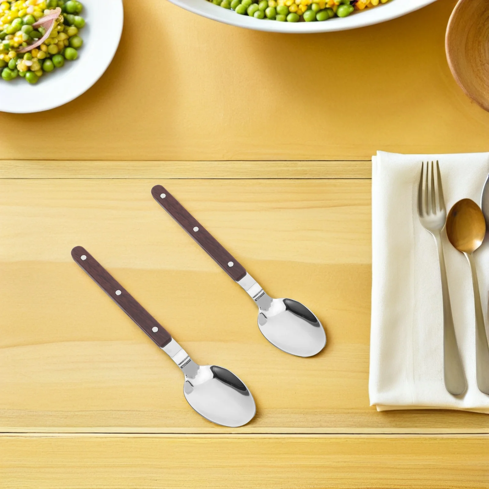 

5Pcs Elegant Wood Grain Spoons Stainless Steel for Buffet Restaurant Home Use Versatile Functional Design Serving Dessert