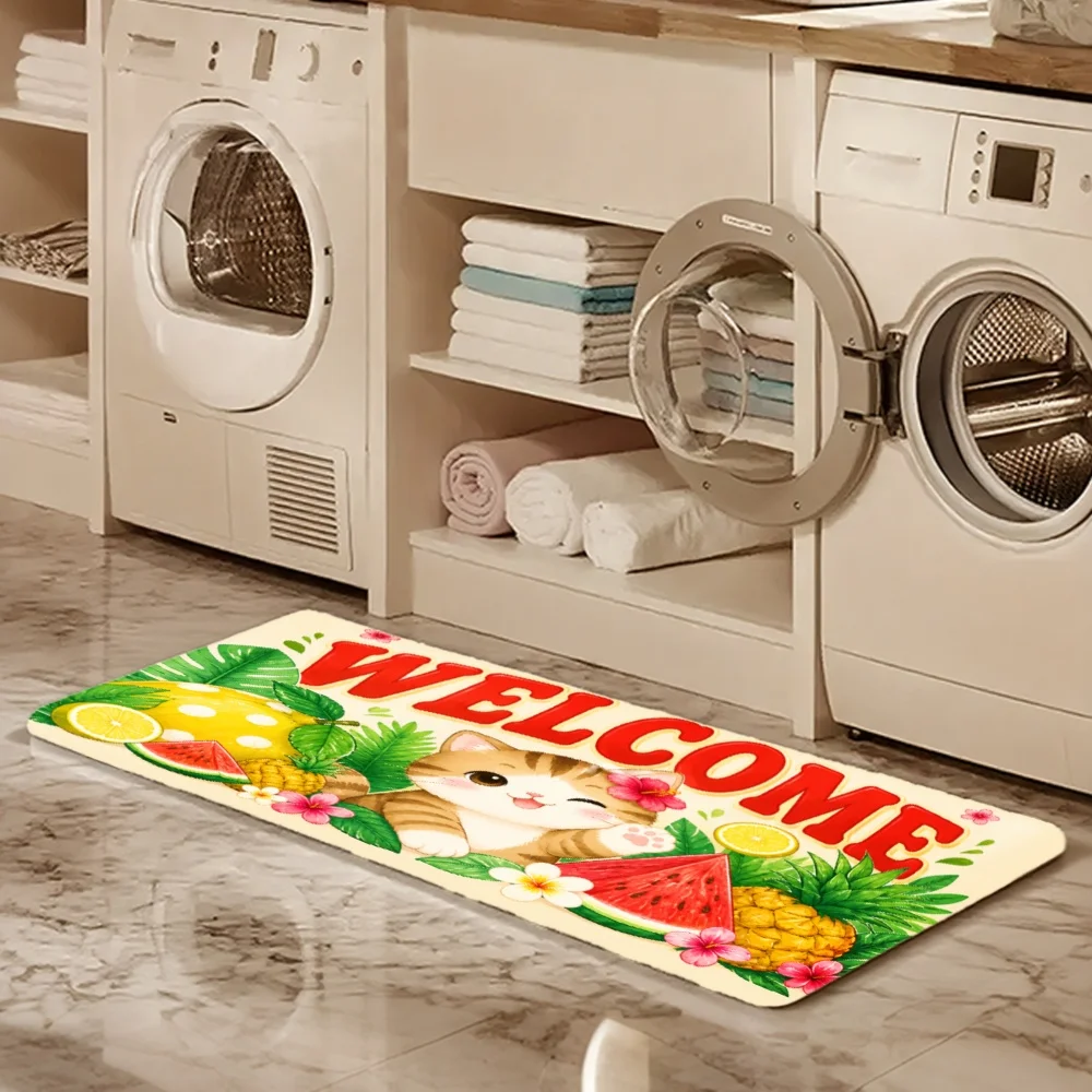 3PCS Mat Set,  Home Decoration for Front Door, Kitchen,  Welcome Cat Fruit Tropical Flowers Pattern Kitchen Rug.