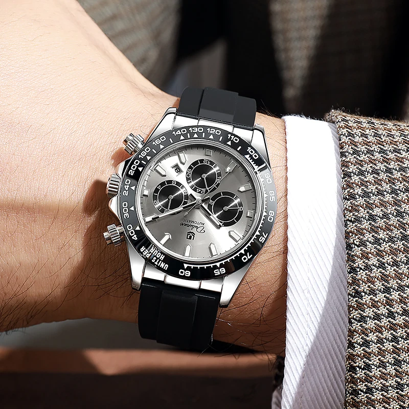 Dulunwe Casual Fashion Large Dial Men'S Watch Three-Eye Six-Pin Steel Belt Watch Luminous Calendar Mechanical Watch.
