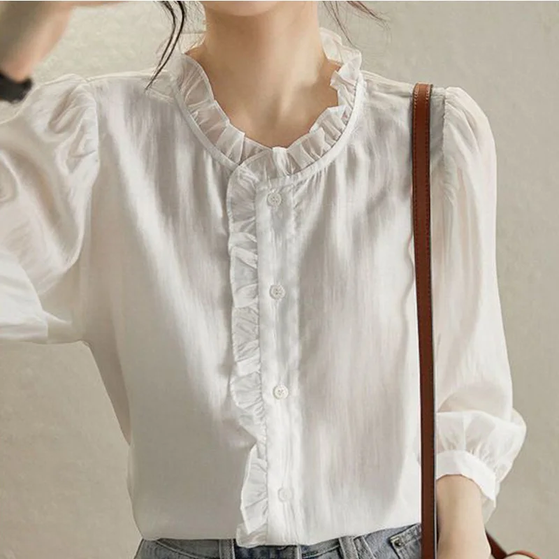 2024 New Summer Office Lady Sweat Retro Elegant Fashion Korean Style Women\'s Shirt Button O Neck 3/4 Sleeve Chic Chiffon Tops