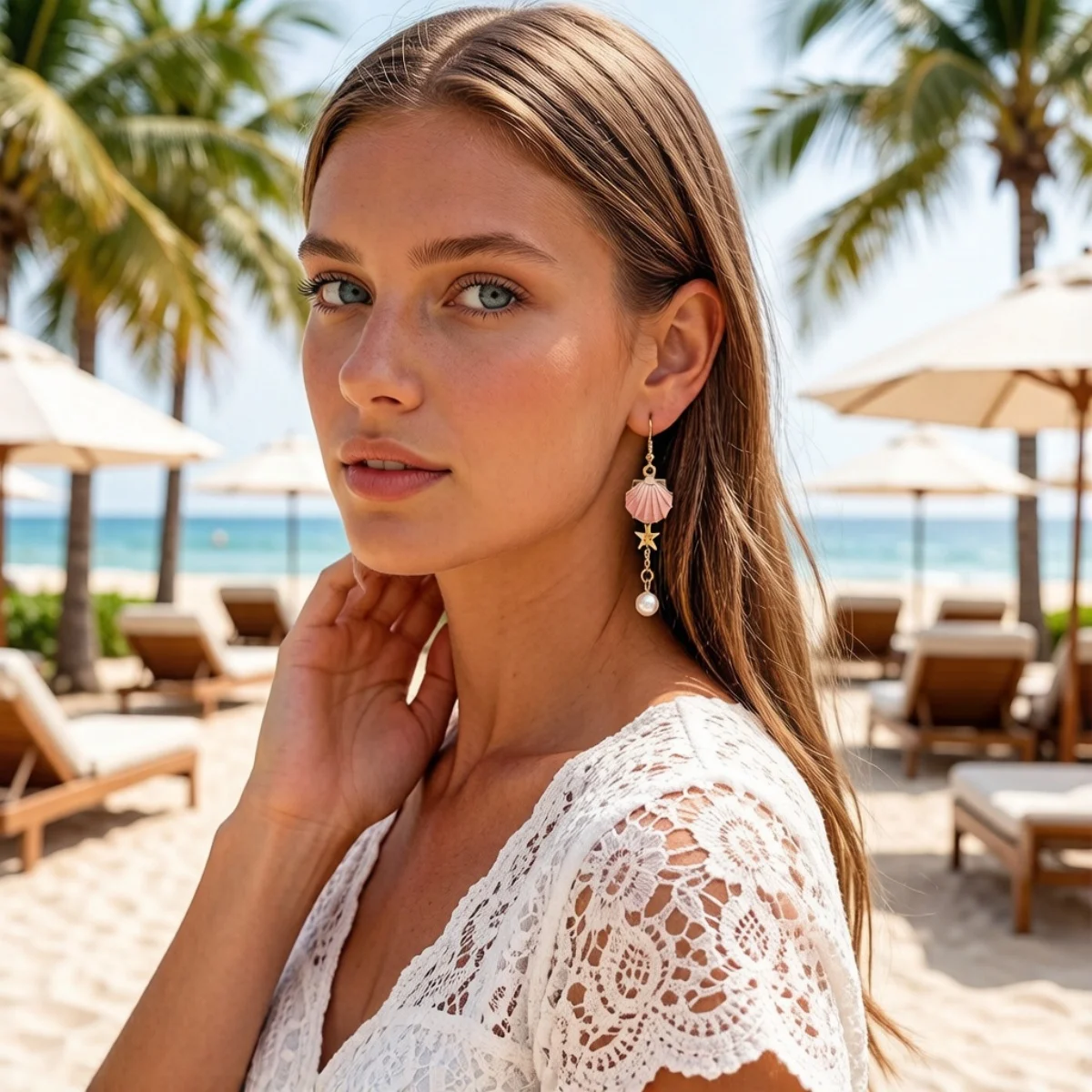 Ocean Beach Emaille Seestern Muschel Imitationsperlen Quaste Asymmetrische Hängeohrringe für Damen und Herren Stern-Ohrringe Sommer-Schmuck – Detail 9