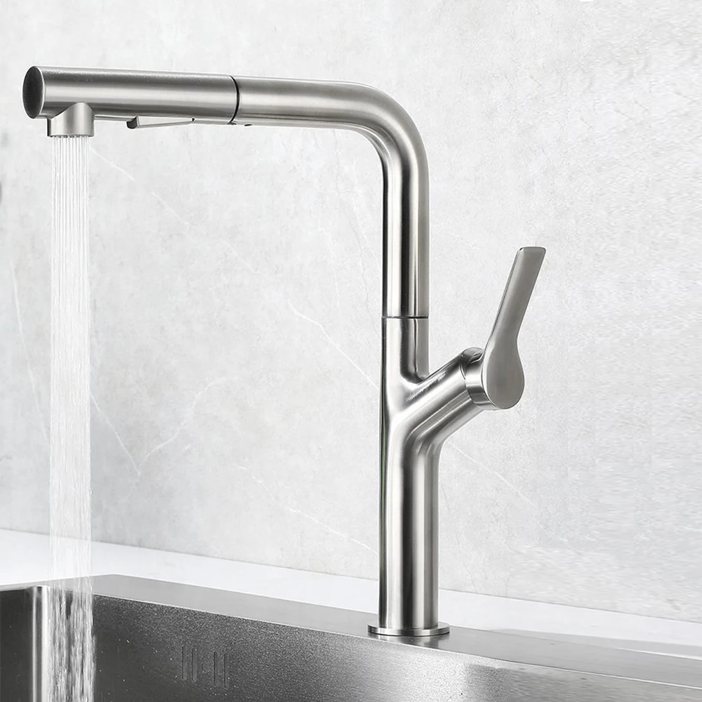 

Kitchen Basin Faucet 304 Stainless Steel 360 Rotation Spray & Stream Water Out Hose Pull Out Mixer Water Cold and Hot