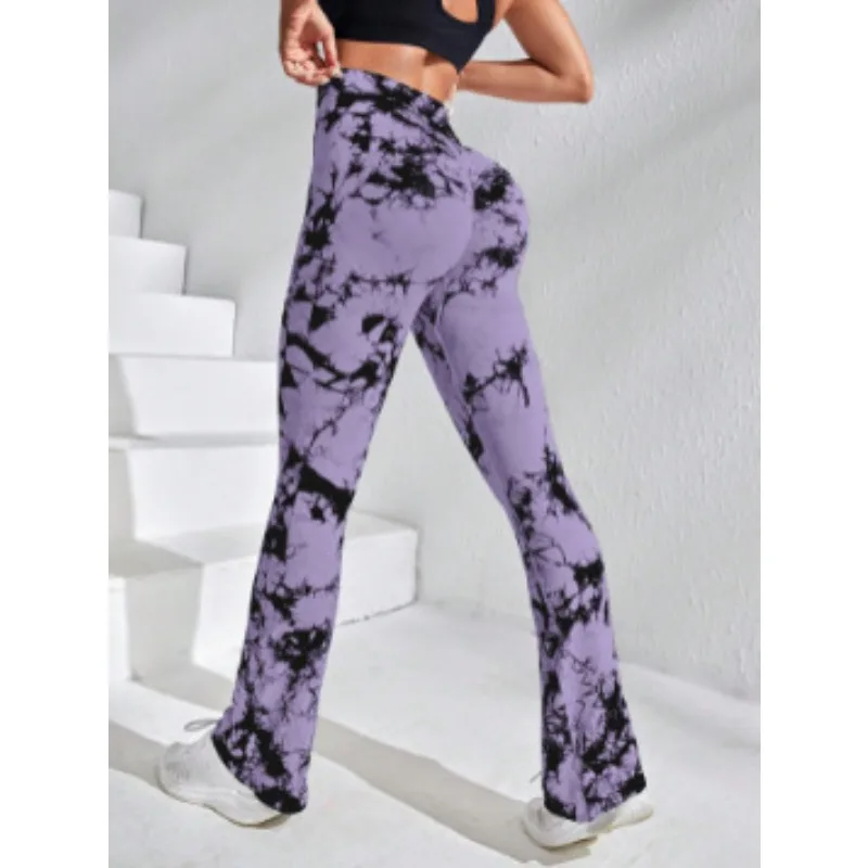 Women Tie Dye Flared Pants Knit Seamless Leggings High Waist Butt Lift Fitness Pants Gym Yoga Cycling Skinny Stretchy Leggings