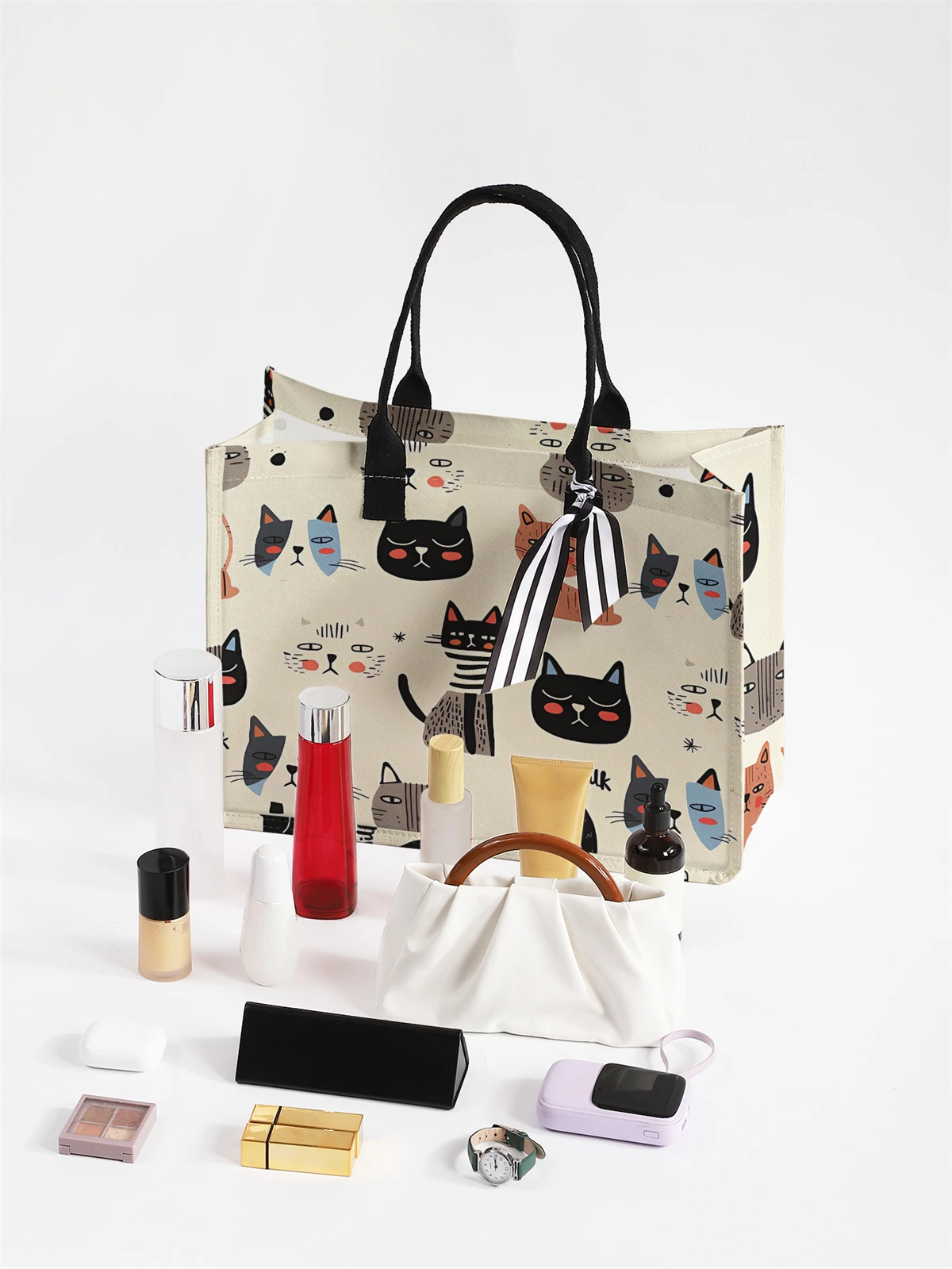 Tas tangan bermotif kucing kartun, tas tangan hadiah wanita, tas pantai, cocok untuk tas tangan berkapasitas besar untuk pria dan wanita