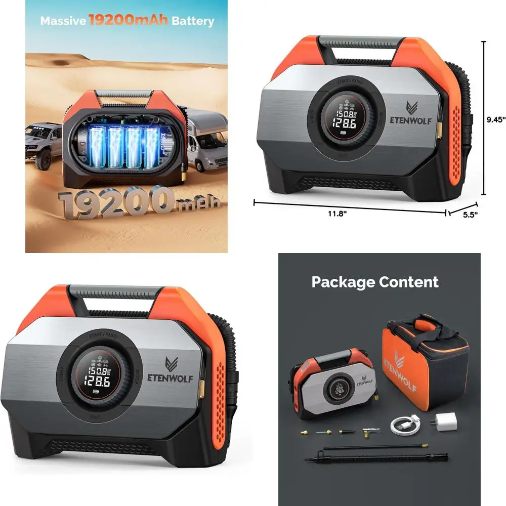 

Портативный воздушный компрессор VORTEX S6 для накачивания шин для тяжелых транспортных средств, беспроводной воздушный насос для автомобиля и надувных лодок с 19200 мАч B