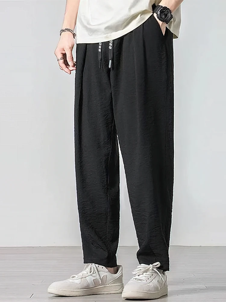 여름 코튼 캐주얼 조깅 린넨 바지 남성 아이스 실크 헐렁한 바지 남성 워킹 와이드 레그 루즈 스웨트 팬츠 중국어