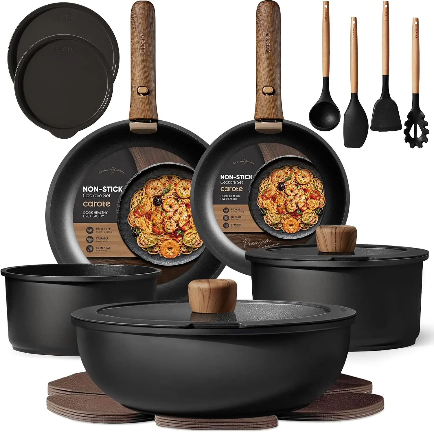 19pcs Pots and Pans Set Non Stick, Detachable Handle Cookware, Black | Induction Compatible, Dishwasher & Oven Safe, Space