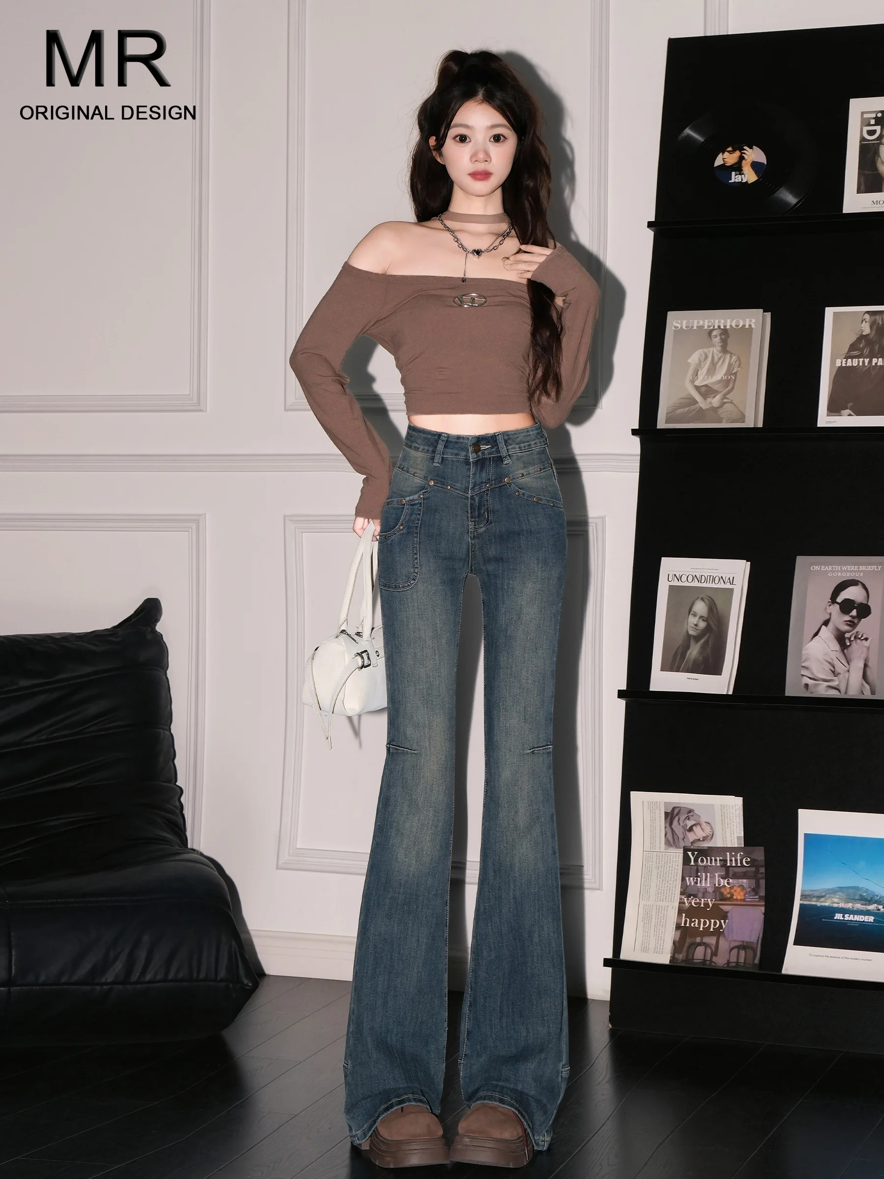 

Джинсы-клеш в американском стиле с высокой талией для женщин, с эффектом похудения, весна-осень, новинка, светло-голубые, из смесового хлопка и полиэстера