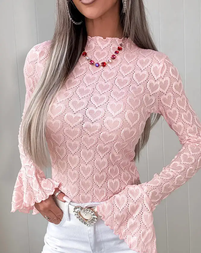 

Women's Heart-Shaped Jacquard Knitted Top Standing Collar Long Sleeved Flared Sleeve Slim Fit Shirt