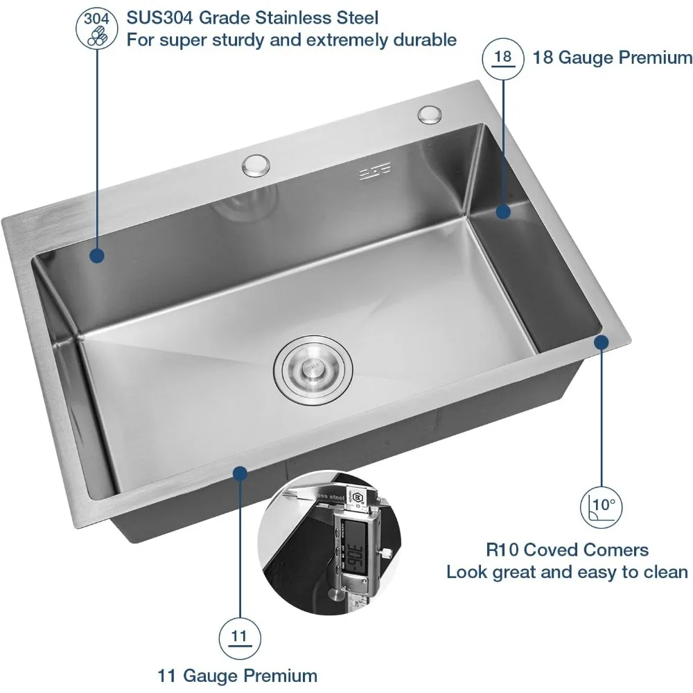 스테인리스 스틸 33인치 싱글볼 주방 싱크대 (배수구 포함) - 16게이지, 33x19x9 크기, 드롭인 스타일