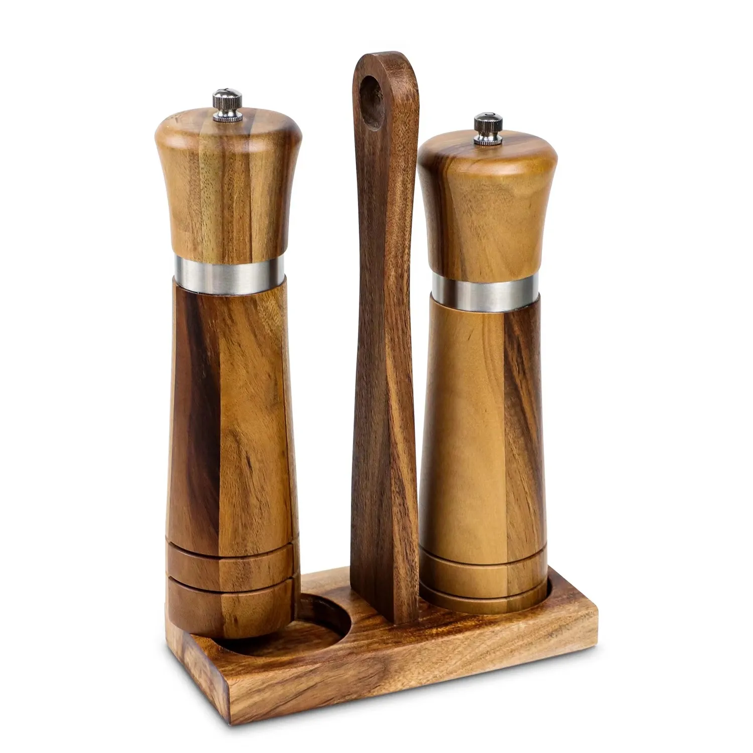 Hot Selling bottle acacia wood manual pepper grinder shakers pepper mill salt and pepper grinder set with base