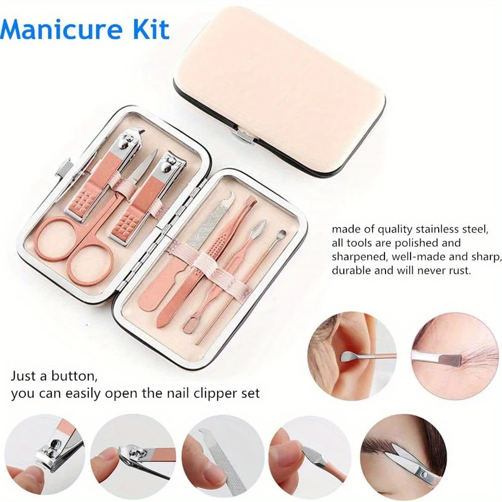 7 Pcs Nail Clippers Set Storage Box Women Manicure Beauty Tool PU Leather Storage Box Finger Nail Clipper Smile Pattern