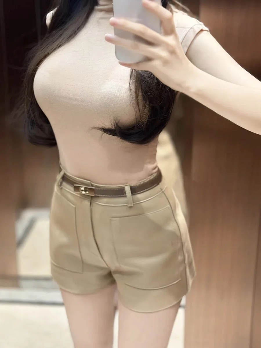 Genuine Leather Sheepskin Leather Shorts Women New Arrival 2025 Casual  Versatile White Belt Botton Short Mujer Pant Short Pants