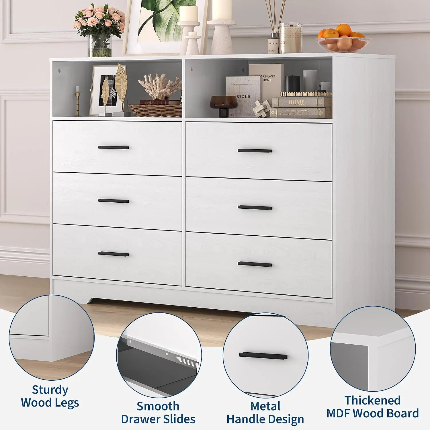 Drawer Wooden Dressers for Bedroom with Charging Station & Open Shelf, Pink Wood Chest of Drawers with Deep Drawers, 47