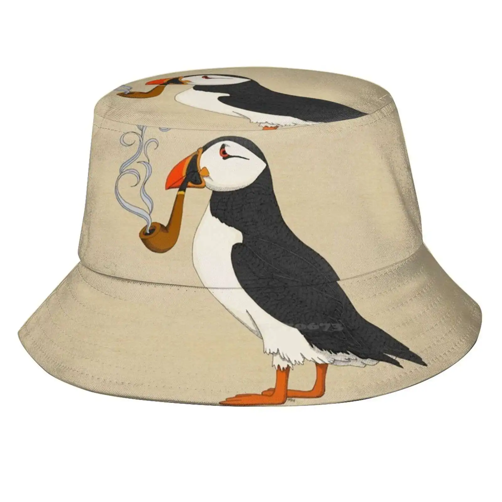 Puffin Fisherman's Hat Bucket Hats Caps Pipe Puffin Humor Smoking Nature Silly Cute Hand Drawn Funny Punny Bird Bar Smoke