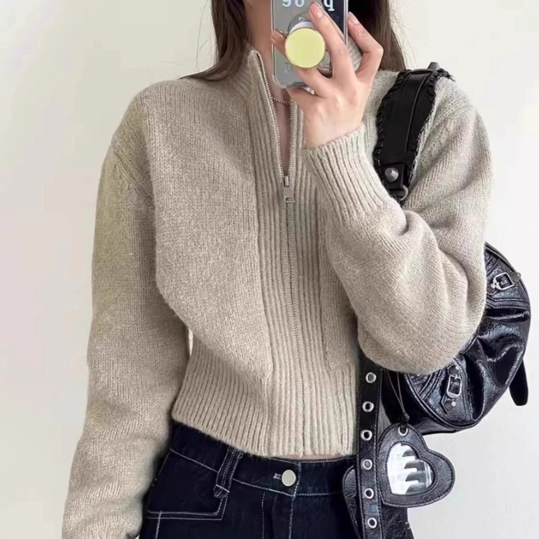 

Women Cardigan Autumn Clothing Chic Elegant Sueter Mujer Knitted Cropped Vintage Sweater Jackets Korean New Zipper Pull Femme