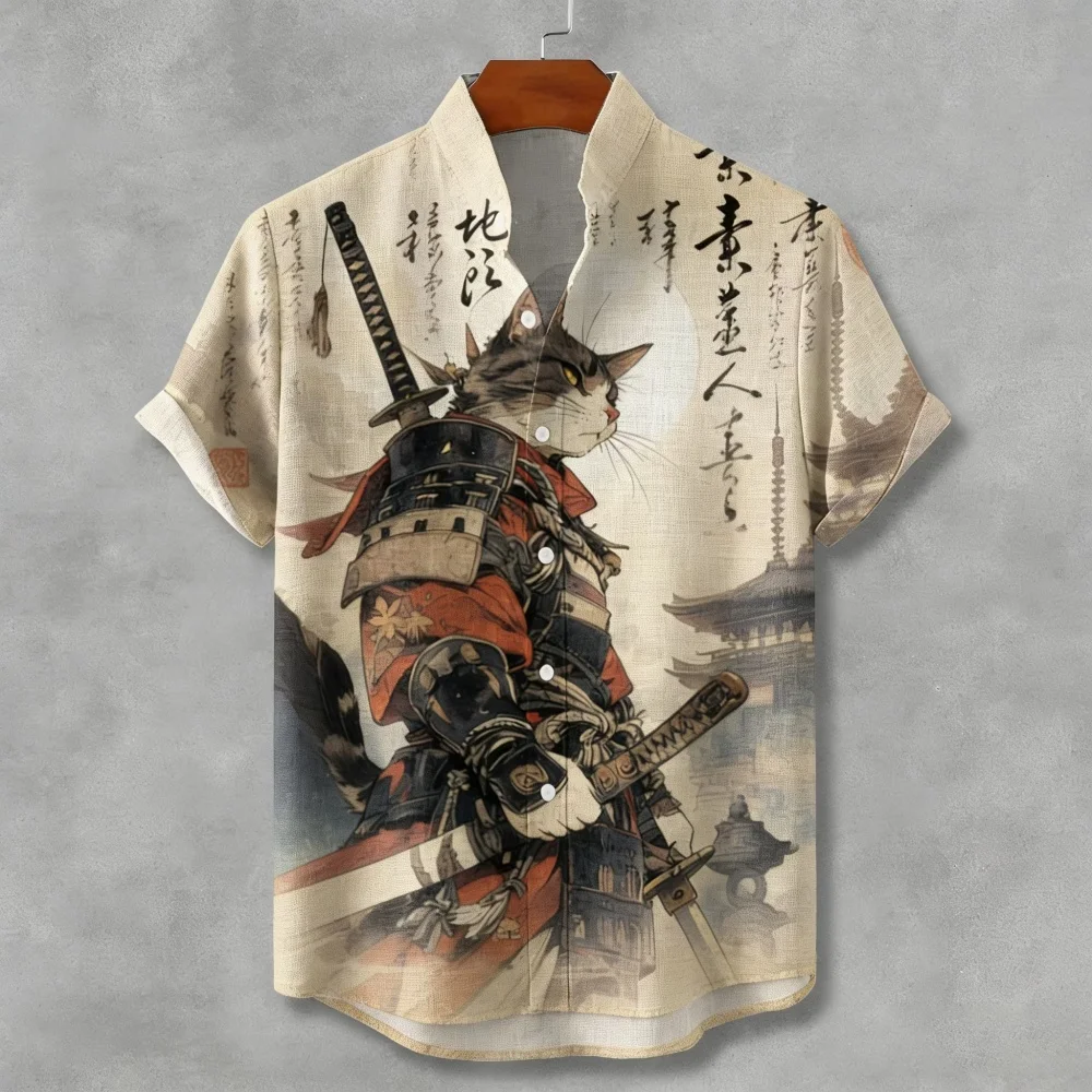 Ukiyo-e Samurai Archer Black Cat Print Linen Shirts Men Stand Collar Vintage Casual Hawaii Beach Top