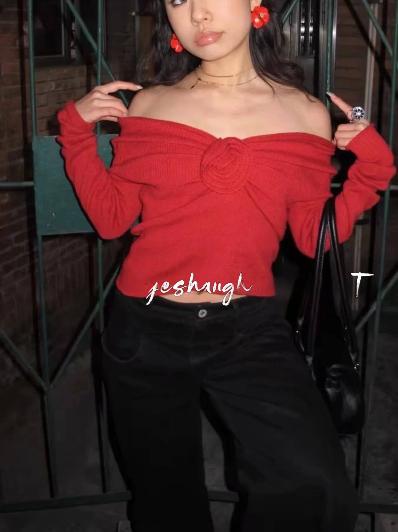 Rose Decorative V-Ne Sweater with Chest Pleats Slim Fit Long Sve Knitted Top for Young Women Commute Sle Regular Length