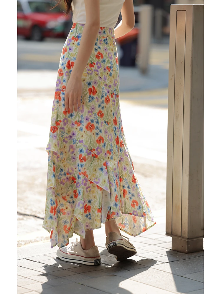 

Floral Print ter Ne Dr Women's Summer Ele High Waist Skirt Asymmetrical Hemline Bell Sve Long Skirt