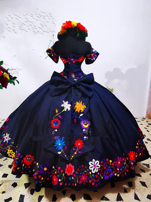 Charro vestidos de XV años Navy Blue floral Embroidery Quinceanera Dresses corset Sweet 16 Mexican Girls Prom Gowns