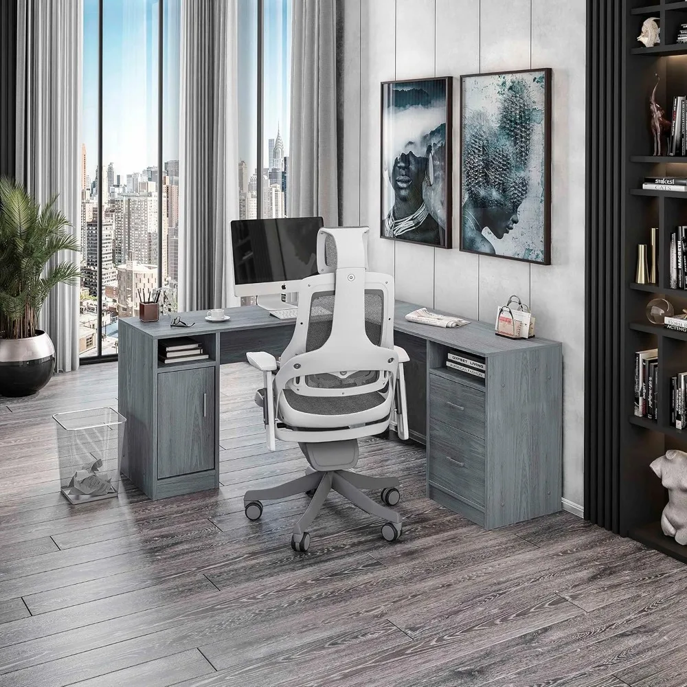 Functional L-Shaped Computer Desk with storage, L is ⁠59.5" wide x 59.5" Long, Grey