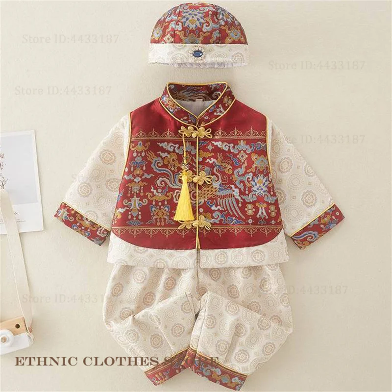 Китайский традиционный детский костюм Тан, парчовый топ ханьфу, брюки, наряд на сто дней, один год, костюм, одежда для фотосъемки