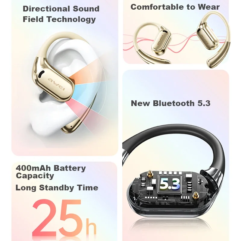 Awei TZ8 Wireless Headphone with Air Conduction Technology and Ear-Hook Design, Open Bluetooth Earphone for Sports and Music