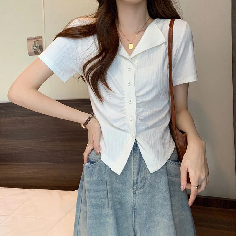 Ice Silk Folds T Shirt Women Korean Fashion Sweet Slim All Match Short Sleeve Top Summer Chic Harajuku Sexy Button V Neck Tees