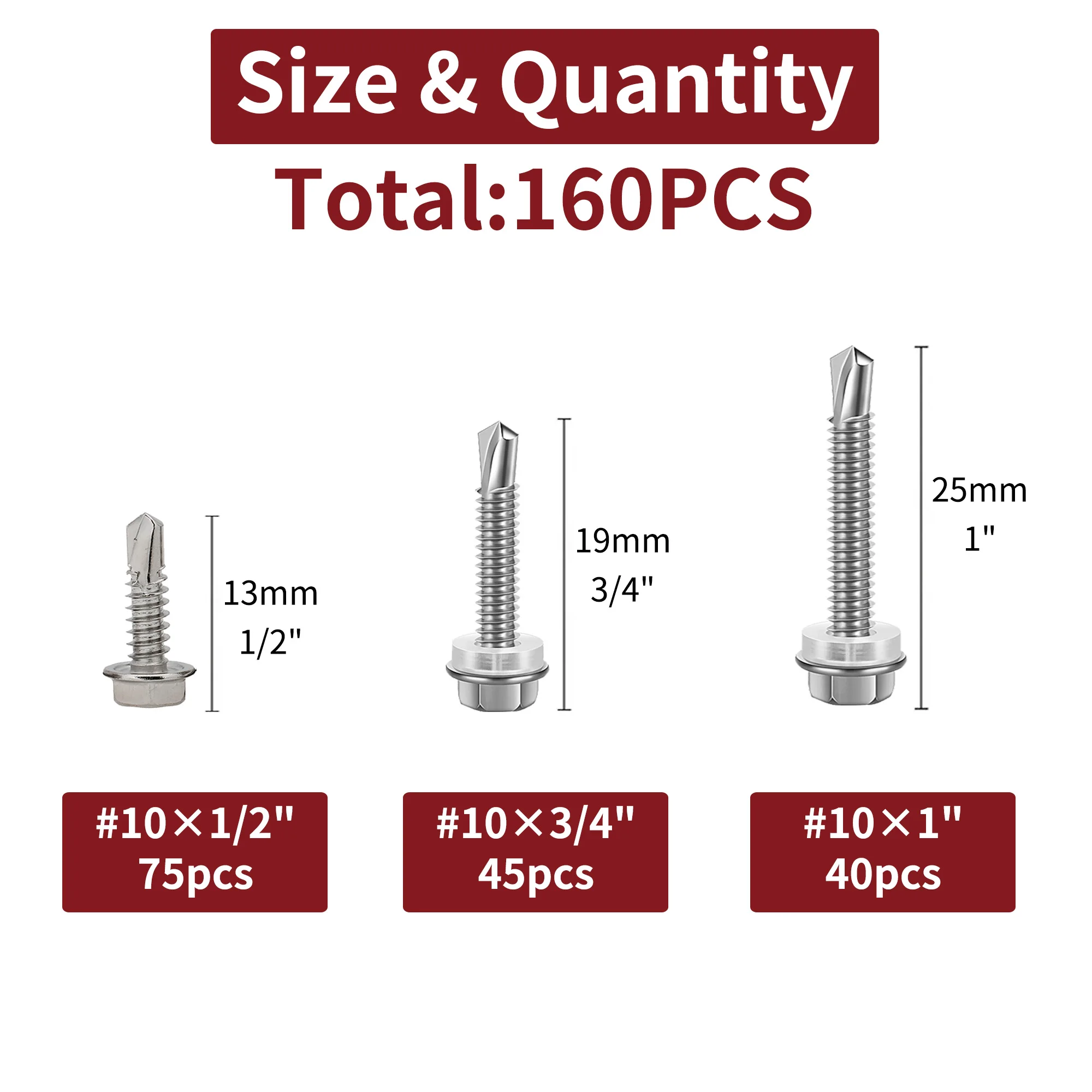 160 Pieces 410 Stainless Steel Self Tapping Screws Assortment, Hex Head Self Drilling Screws for Metal, Size: #10 x 1/2