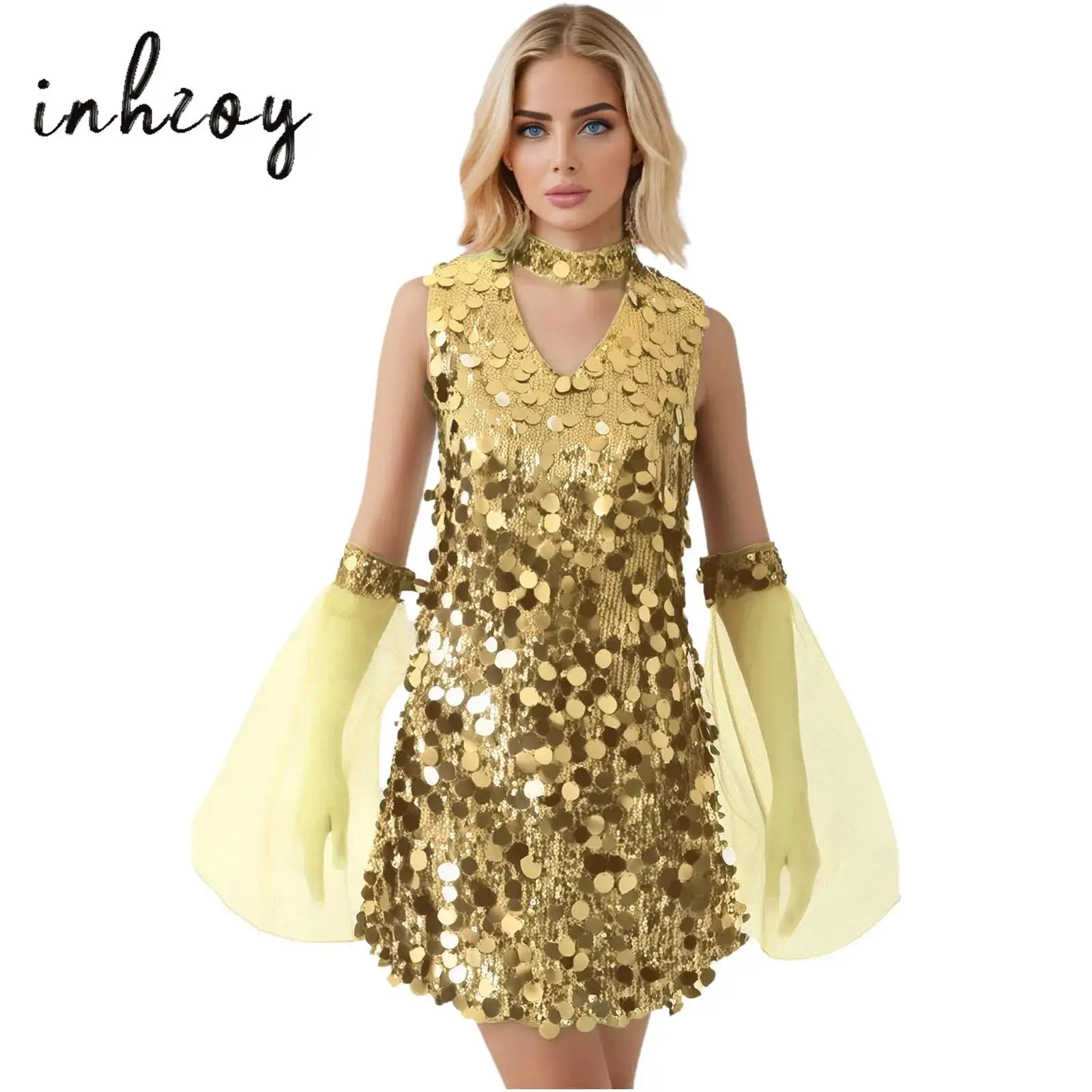 إمرأة 70s ديسكو ملابس رقص هالوين الترتر الهبي زي بلا أكمام الجوف خارج فستان قصير مع شبكة قابلة للإزالة مضيئة كم #1