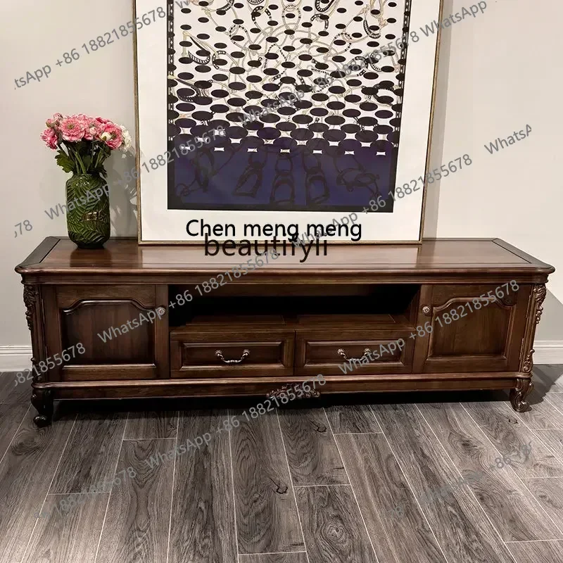 X A American-Style Black Walnut Wooden TV Cabinet Solid Wood Video Cabinet Tea Table Combination Country Living Room