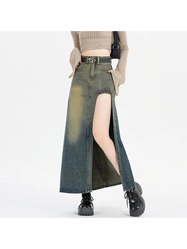 

Women's Skirts Denim Skirt Retro Design Spice Girls Large Open Fork Summer New High Waist Slim Slim Anti-glare Irregular Dress