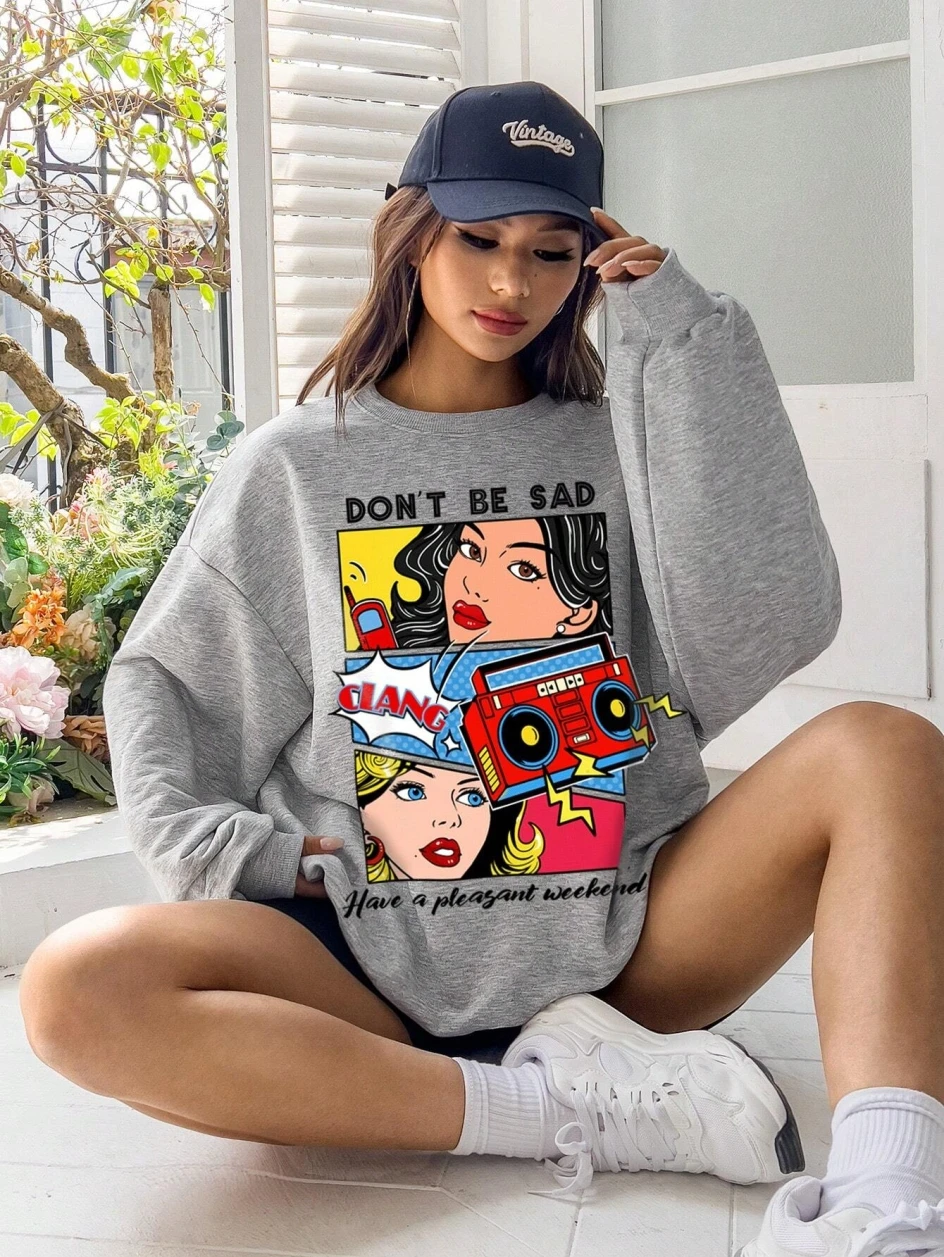 Cartoon Beauty Printing Sweatshirts For Womens Casual Comfortable Crewneck Hoodies Loose Fleece Warm Sportswear Clothes