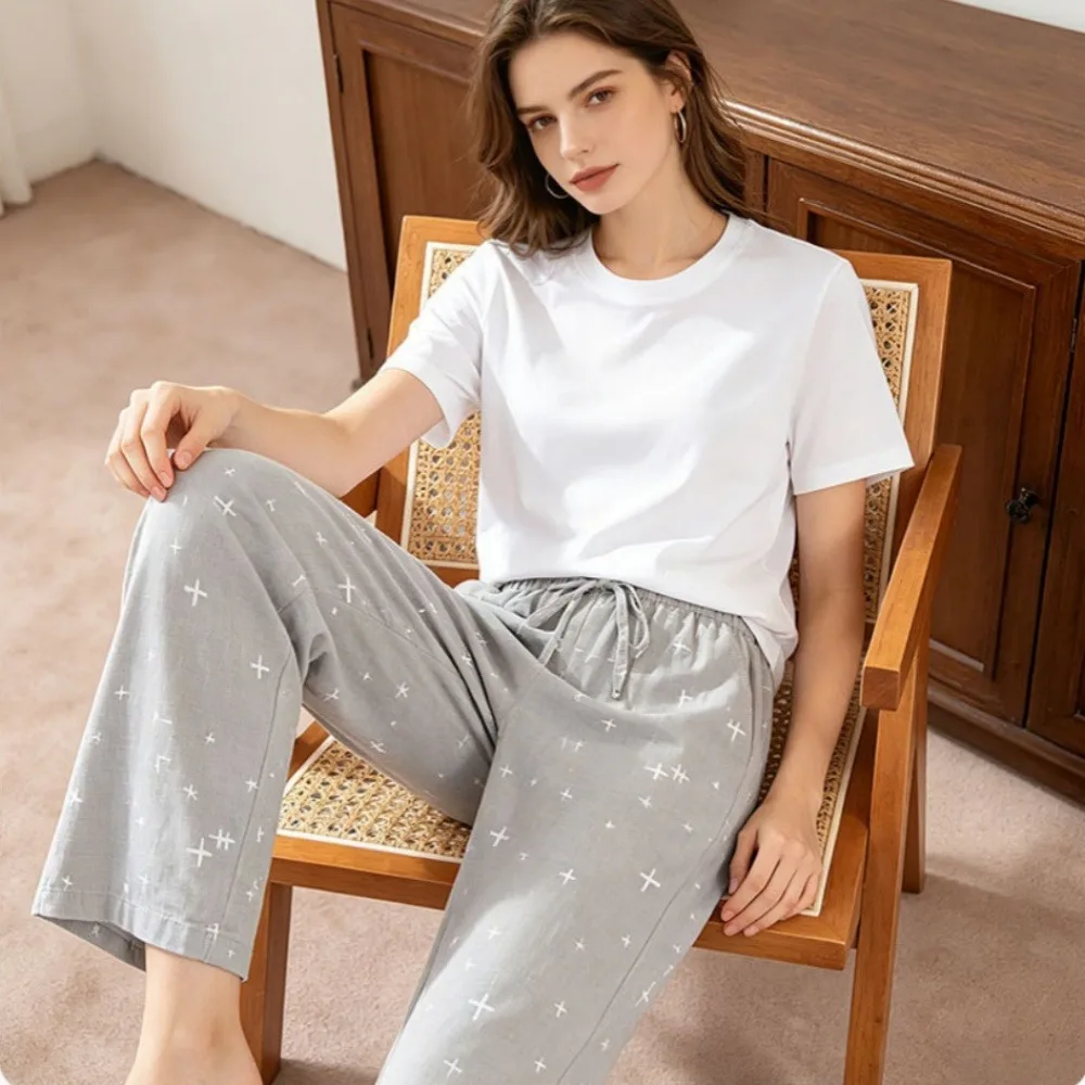 

2026 Spring/Summer New Couple's Pajamas Pants 100% Cotton Knitted Men's and Women's Thin Casual Home Pants Sleepwear Women
