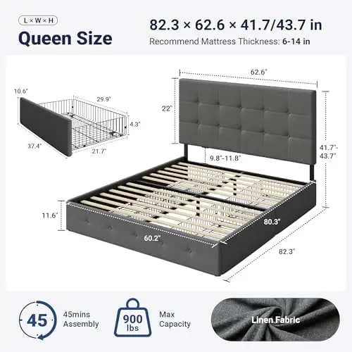 Upholstered Queen Size Platform Bed Frame with 4 Storage Drawers and Headboard, Square Stitched Button Tufted, Mattress - view 2