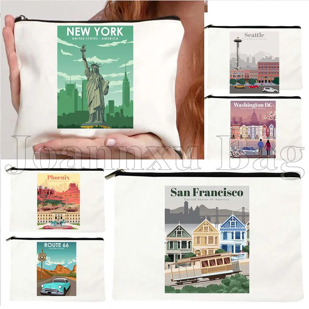 

New York Chicago Seattle San Francisco Toronto Las Vegas Los Angeles Miami Seattle Canvas Cosmetic Makeup Bag Pencil Case Pouch