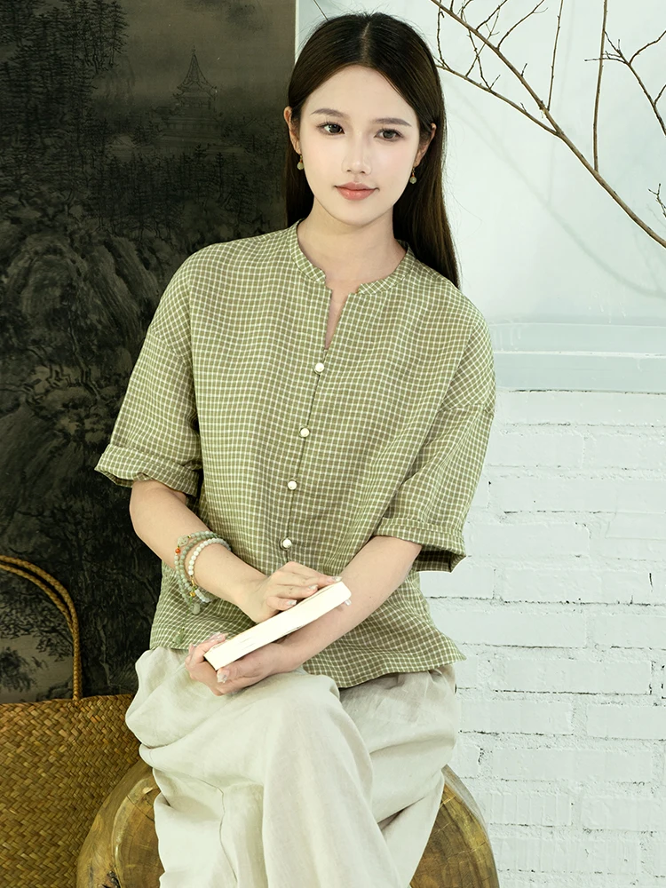 

isiyu Cotton Linen ort irt Casual Summer New Sle Small Top with Stand Collar ort Sves Artistic Design