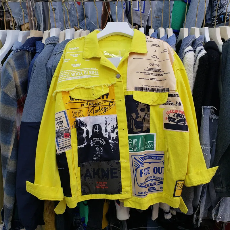 Primavera Vintage Disegni di toppe irregolari Stampa Giacca di jeans Nero Blu Bianco Giallo Casual Giacca di jeans da donna Cappotto Autunno Nuovo