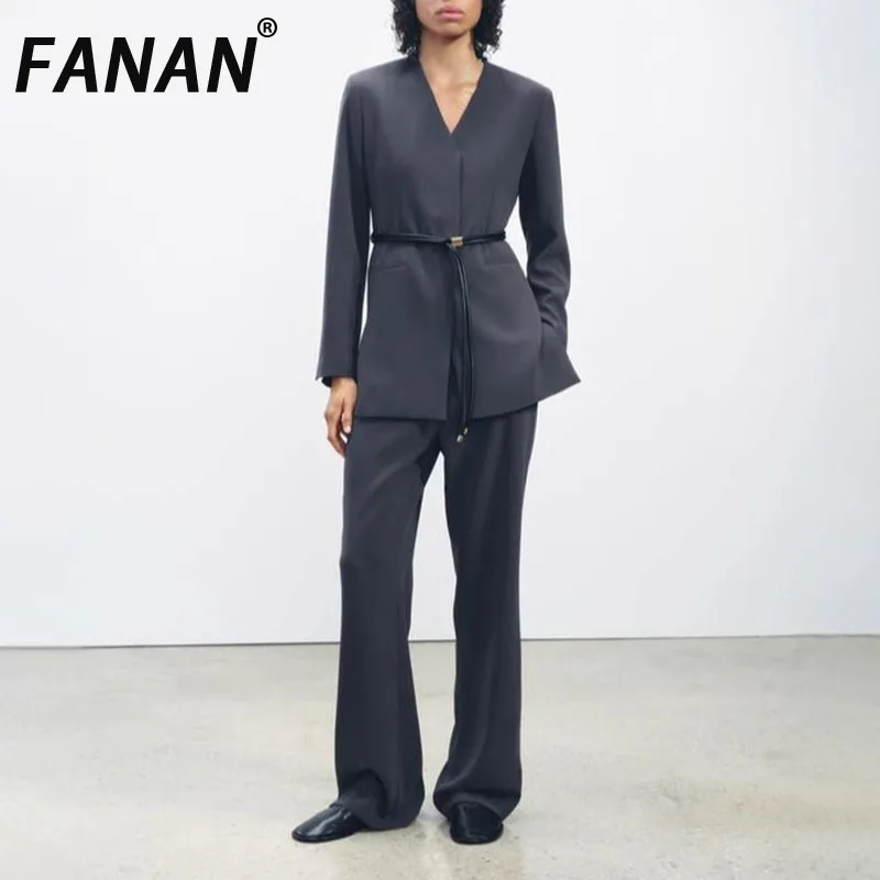 

FANAN Office Lady 2 Piece Set Women's V Neck Belt Gathered Waist Blazers+high Waist Straight Loose Pants Female Suits 2025 New